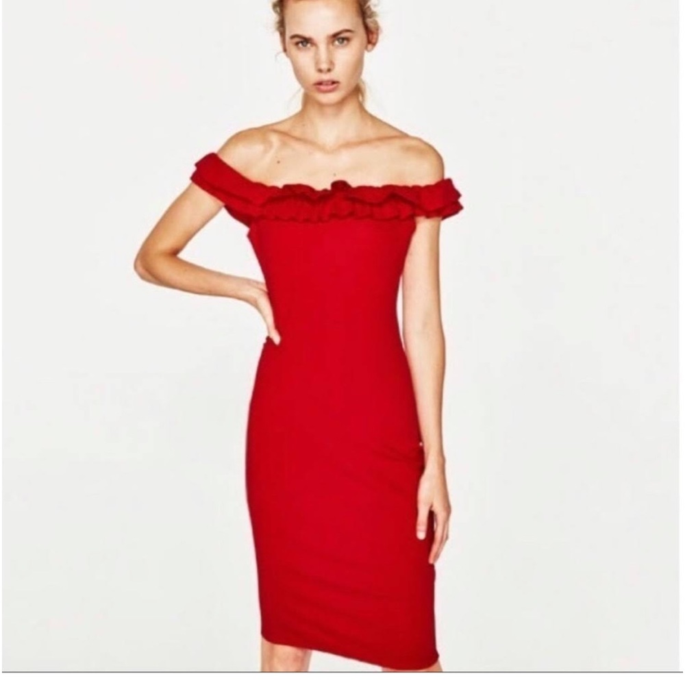 NWT/ Zara red ruffle off the shoulder bodycon midi dress Perfect condition. Sz S